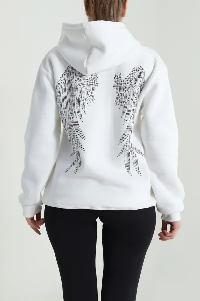 Beyaz Sırtı Taşlı Kadın Şardonlu Fermuarlı Sweat 496108