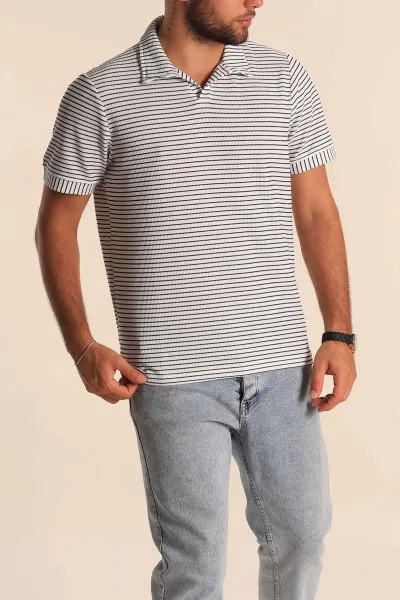 Beyaz Siyah Çizgili Regular Fit Dokulu Polo Yaka Erkek Tişört 277087