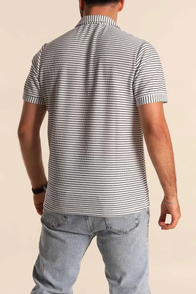 Beyaz Siyah Çizgili Regular Fit Dokulu Polo Yaka Erkek Tişört 277087