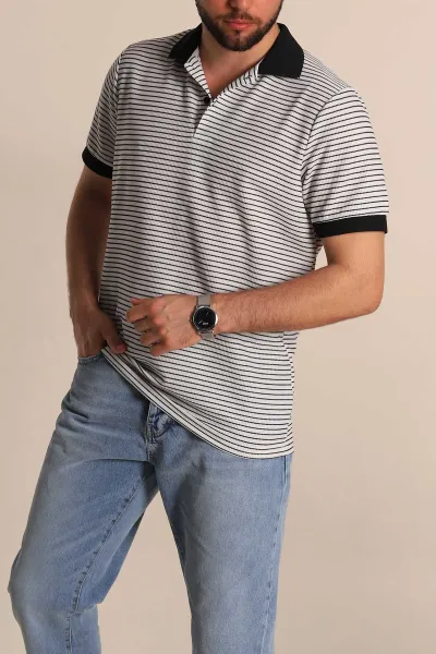 Beyaz Siyah Çizgili Regular Fit Polo Yaka Erkek Tişört 277116