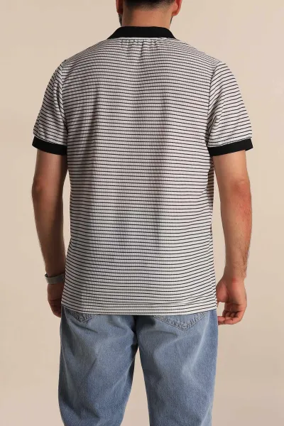 Beyaz Siyah Çizgili Regular Fit Polo Yaka Erkek Tişört 277116