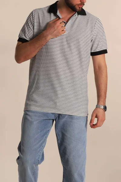 Beyaz Siyah Çizgili Regular Fit Polo Yaka Erkek Tişört 277116
