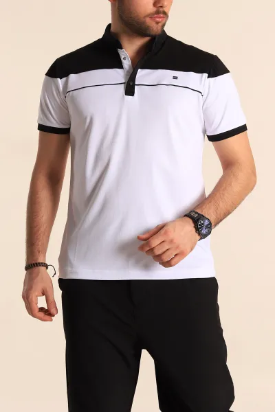 Beyaz Siyah Regular Fit Merserize Kumaş Çıt Çıt Düğmeli Polo Yaka Erkek Tişört 249503