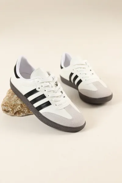 Beyaz Siyah Süet Detay Çizgili Bağcıklı Spor Ayakkabı 264007