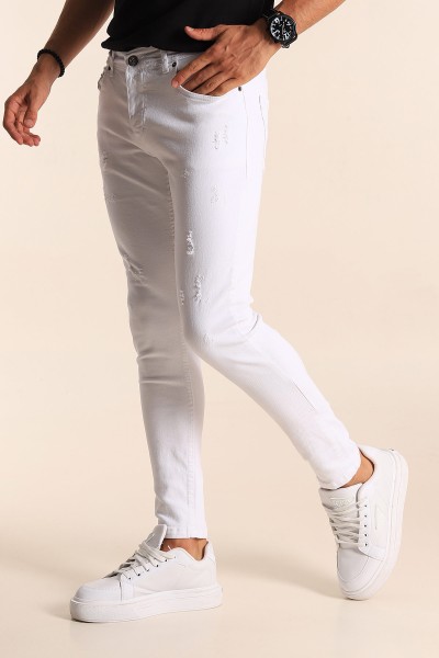 Beyaz Skinny Fit Likralı Taşlama Detaylı Erkek Kot Pantolon 194713