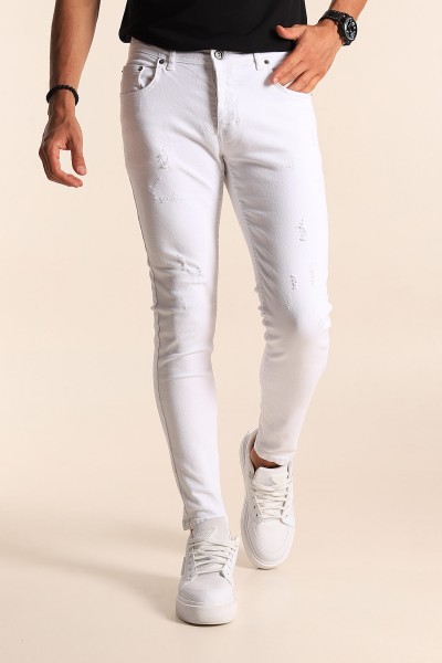 Beyaz Skinny Fit Likralı Taşlama Detaylı Erkek Kot Pantolon 194713