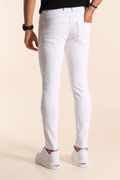 Beyaz Skinny Fit Likralı Taşlama Detaylı Erkek Kot Pantolon 194713