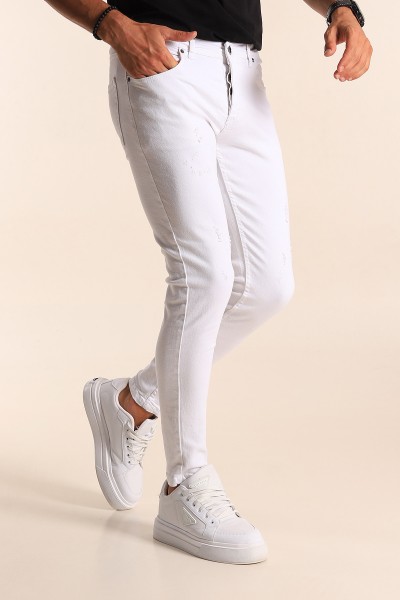 Beyaz Skinny Fit Likralı Taşlama Detaylı Erkek Kot Pantolon 194713