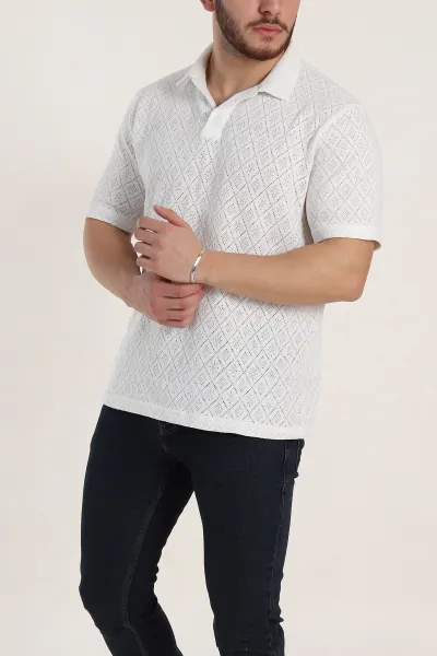 Beyaz Slim Fit Ajurlu Polo Yaka Kısa Kollu Erkek Triko Tişört 338959
