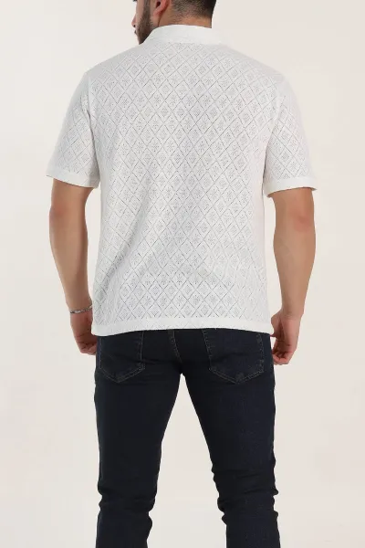 Beyaz Slim Fit Ajurlu Polo Yaka Kısa Kollu Erkek Triko Tişört 338959