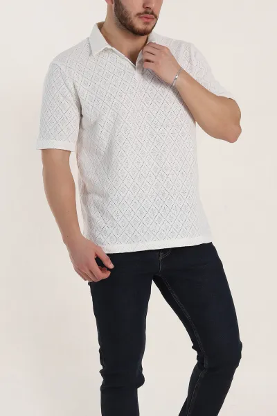Beyaz Slim Fit Ajurlu Polo Yaka Kısa Kollu Erkek Triko Tişört 338959