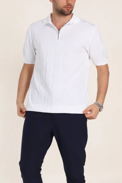 beyaz-slim-fit-baklava-desenli-polo-yaka-kisa-kollu-erkek-triko-tisort-352881