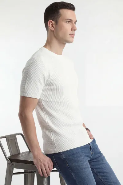 Beyaz Slim Fit Bisiklet Yaka Triko Erkek Tişört 449045