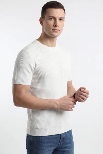 Beyaz Slim Fit Bisiklet Yaka Triko Erkek Tişört 449045