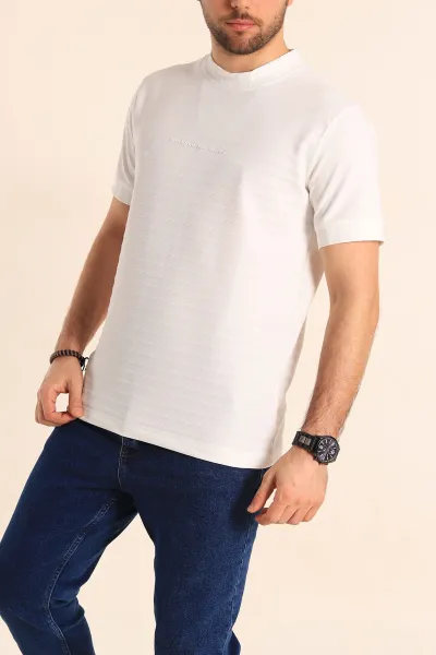 Beyaz Slim Fit Çizgi Detay Likralı Erkek Tişört 248120