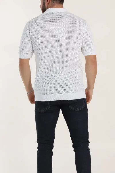 Beyaz Slim Fit Delikli Patlı Polo Yaka Kısa Kollu Erkek Triko Tişört 338909
