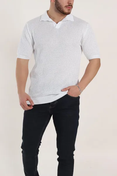Beyaz Slim Fit Delikli Patlı Polo Yaka Kısa Kollu Erkek Triko Tişört 338909