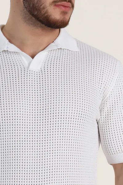 Beyaz Slim Fit Delikli Patlı Polo Yaka Kısa Kollu Erkek Triko Tişört 338909