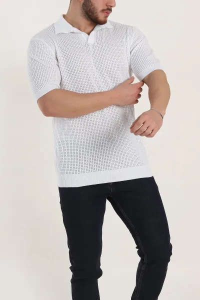 Beyaz Slim Fit Delikli Patlı Polo Yaka Kısa Kollu Erkek Triko Tişört 338909