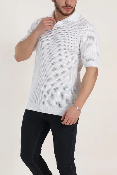Beyaz Slim Fit Delikli Patlı Polo Yaka Kısa Kollu Erkek Triko Tişört 338909