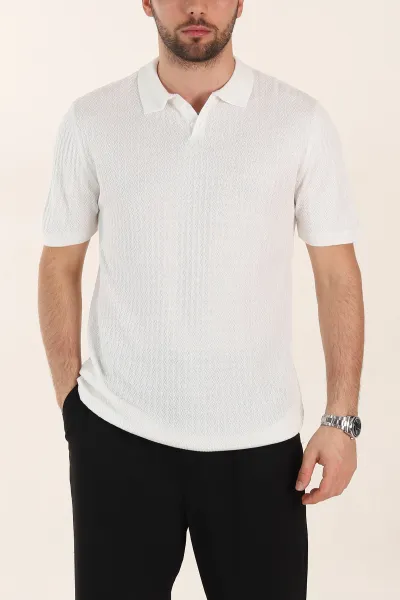 Beyaz Slim Fit Desenli Düğmeli Polo Yaka Erkek Tişört 358319