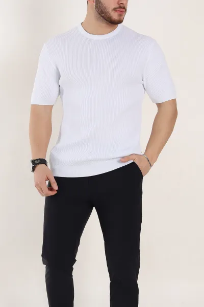 Beyaz Slim Fit Dokulu Basic Kısa Kollu Erkek Triko Tişört 338604