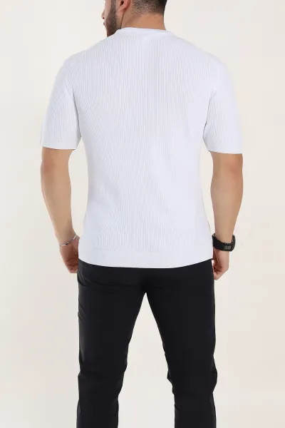 Beyaz Slim Fit Dokulu Basic Kısa Kollu Erkek Triko Tişört 338604