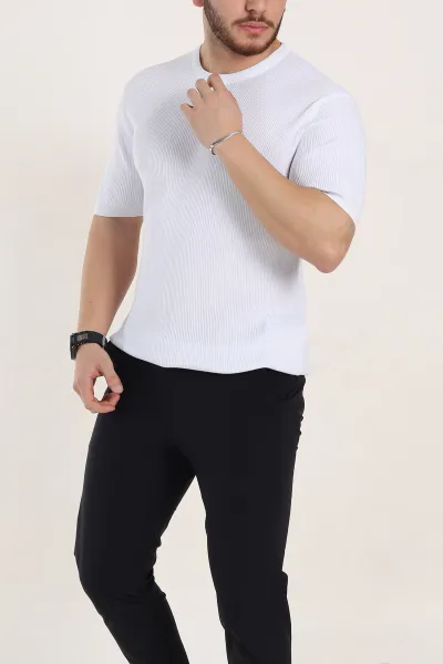 Beyaz Slim Fit Dokulu Basic Kısa Kollu Erkek Triko Tişört 338604