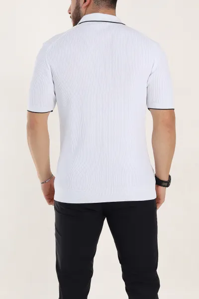 Beyaz Slim Fit Dokulu Fermuarlı Polo Yaka Kısa Kollu Erkek Triko Tişört 338621