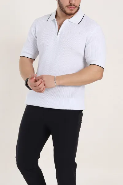 Beyaz Slim Fit Dokulu Fermuarlı Polo Yaka Kısa Kollu Erkek Triko Tişört 338621