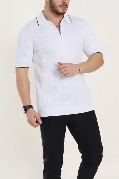 Beyaz Slim Fit Dokulu Fermuarlı Polo Yaka Kısa Kollu Erkek Triko Tişört 338621