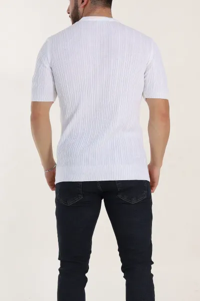 Beyaz Slim Fit Dokulu Kısa Kollu Erkek Triko Tişört 338899