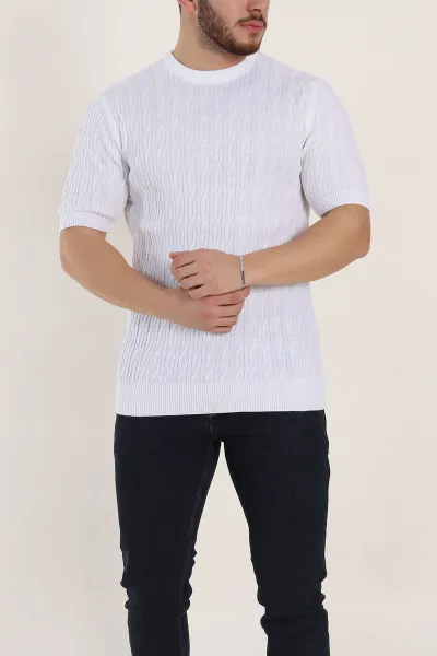 Beyaz Slim Fit Dokulu Kısa Kollu Erkek Triko Tişört 338899