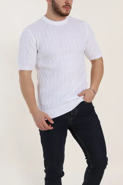 Beyaz Slim Fit Dokulu Kısa Kollu Erkek Triko Tişört 338899