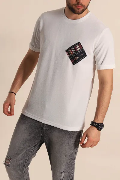 Beyaz Slim Fit Etnik Desen Yamalı Duble Kol Erkek Tişört 268710