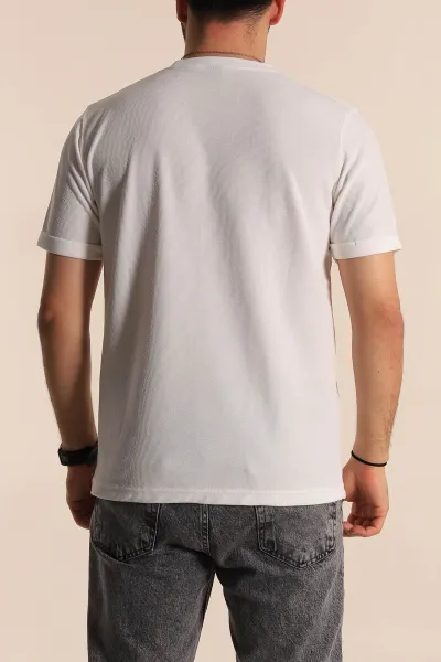 Beyaz Slim Fit Etnik Desen Yamalı Duble Kol Erkek Tişört 268710