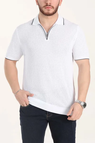 Beyaz Slim Fit Fermuarlı Polo Yaka Kısa Kollu Erkek Triko Tişört 338567