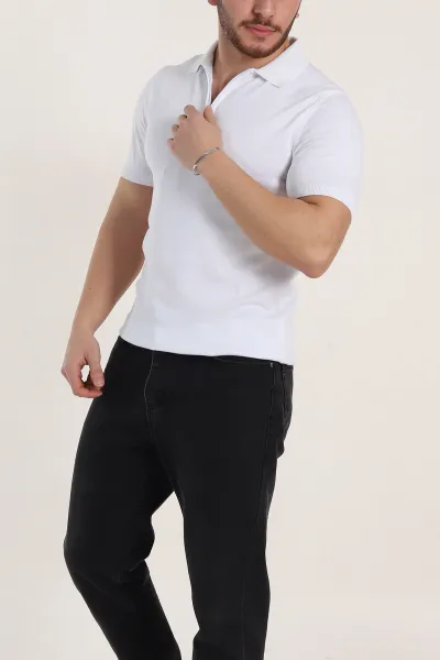 Beyaz Slim Fit Fermuarlı Polo Yaka Kısa Kollu Erkek Triko Tişört 338609