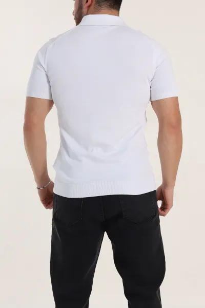 Beyaz Slim Fit Fermuarlı Polo Yaka Kısa Kollu Erkek Triko Tişört 338609