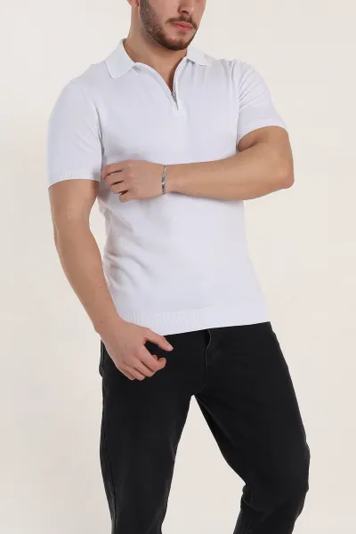 Beyaz Slim Fit Fermuarlı Polo Yaka Kısa Kollu Erkek Triko Tişört 338609