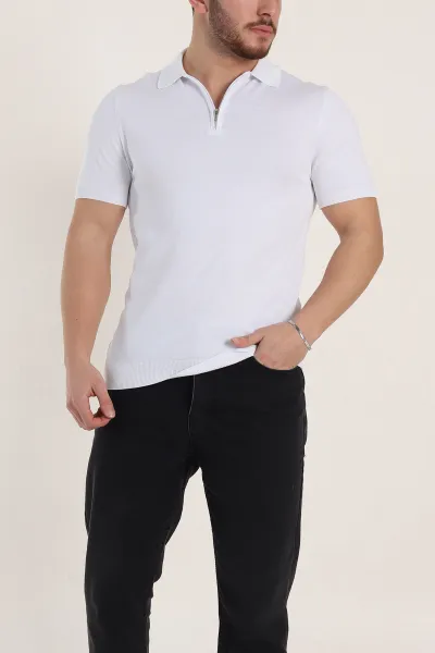 Beyaz Slim Fit Fermuarlı Polo Yaka Kısa Kollu Erkek Triko Tişört 338609