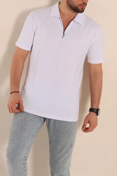 Beyaz Slim Fit İki İp Fermuarlı Polo Yaka Erkek Tişört 266883
