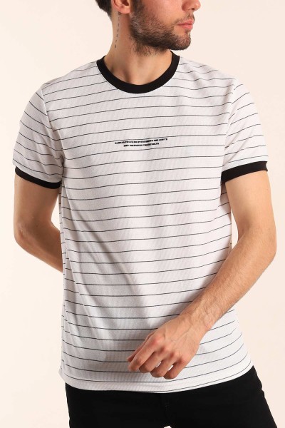 Beyaz Slim Fit Kabartma Yazılı Çizgili Erkek Tişört 186847