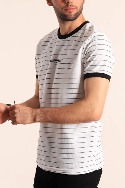 Beyaz Slim Fit Kabartma Yazılı Çizgili Erkek Tişört 186847