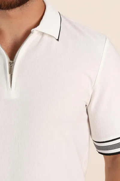 Beyaz Slim Fit Kol Detaylı Fermuarlı Polo Yaka Erkek Triko Tişört 369514