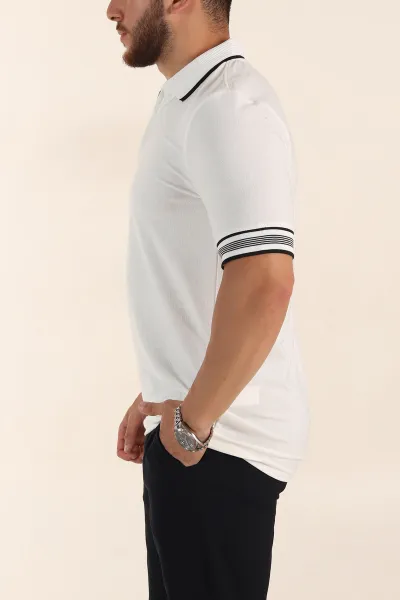 Beyaz Slim Fit Kol Detaylı Fermuarlı Polo Yaka Erkek Triko Tişört 369514