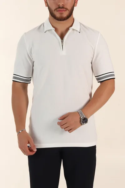 Beyaz Slim Fit Kol Detaylı Fermuarlı Polo Yaka Erkek Triko Tişört 369514