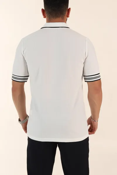 Beyaz Slim Fit Kol Detaylı Fermuarlı Polo Yaka Erkek Triko Tişört 369514