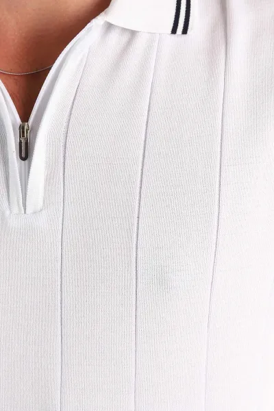 Beyaz Slim Fit Likralı Fermuarlı Polo Yaka Kısa Kollu Triko Tişört 338557