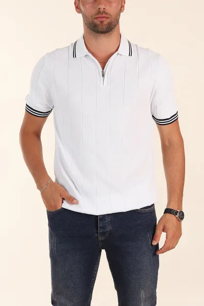 Beyaz Slim Fit Likralı Fermuarlı Polo Yaka Kısa Kollu Triko Tişört 338557